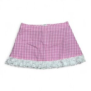 Pink gingham skirt with white lace trim